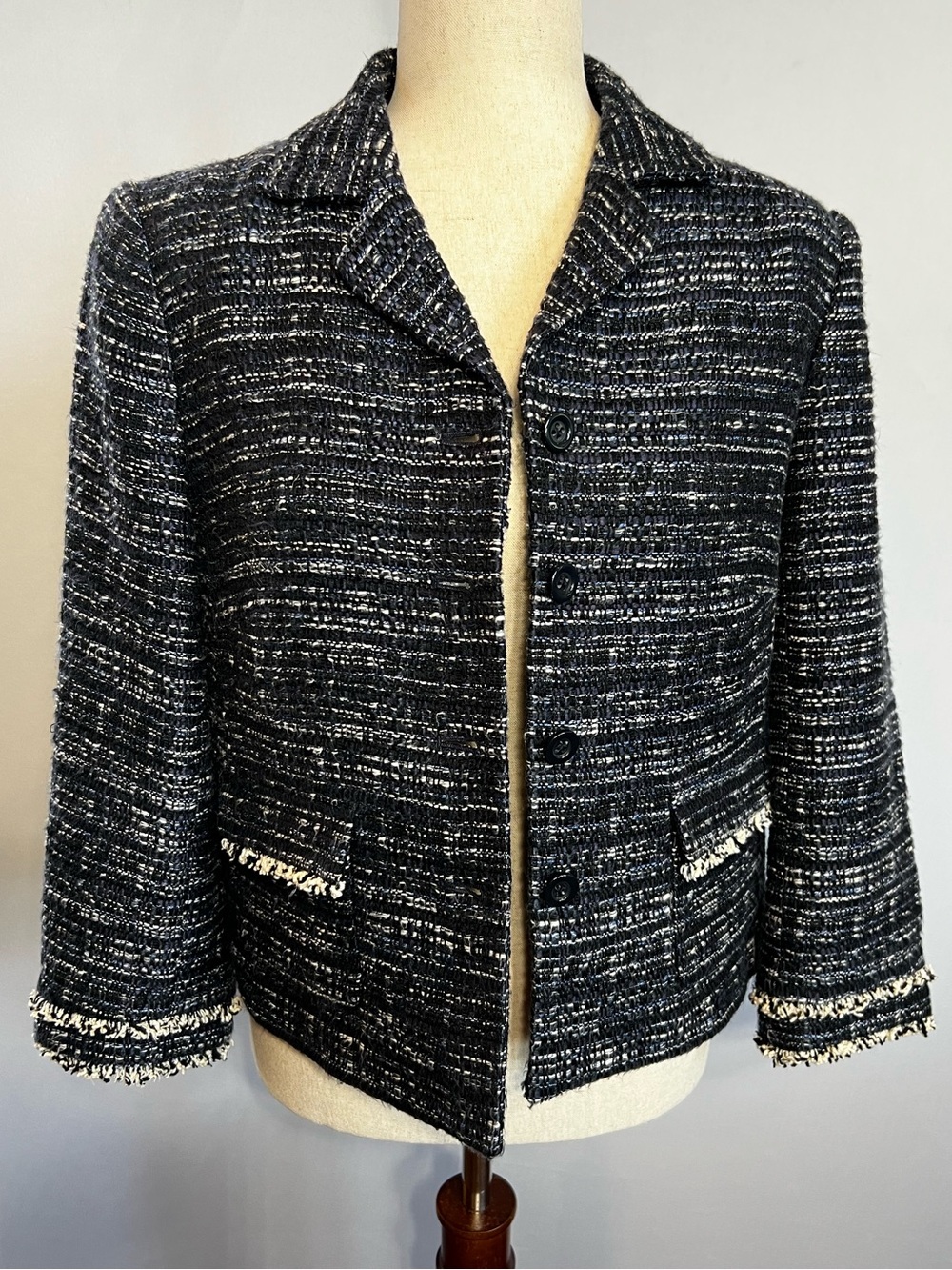 Ann Taylor Navy, Black, and Ivory Tweed Cropped Blazer - Picture 3 of 14